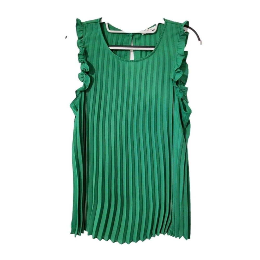 Maurices Green Pleated Ruffle Sleeveless Blouse Tank Top Keyhole Back SZ L